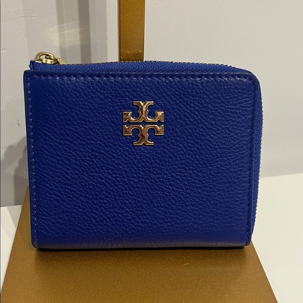 Tory Burch Cobalt Blue Pebbled Leather Zip Wallet with Gold Logo